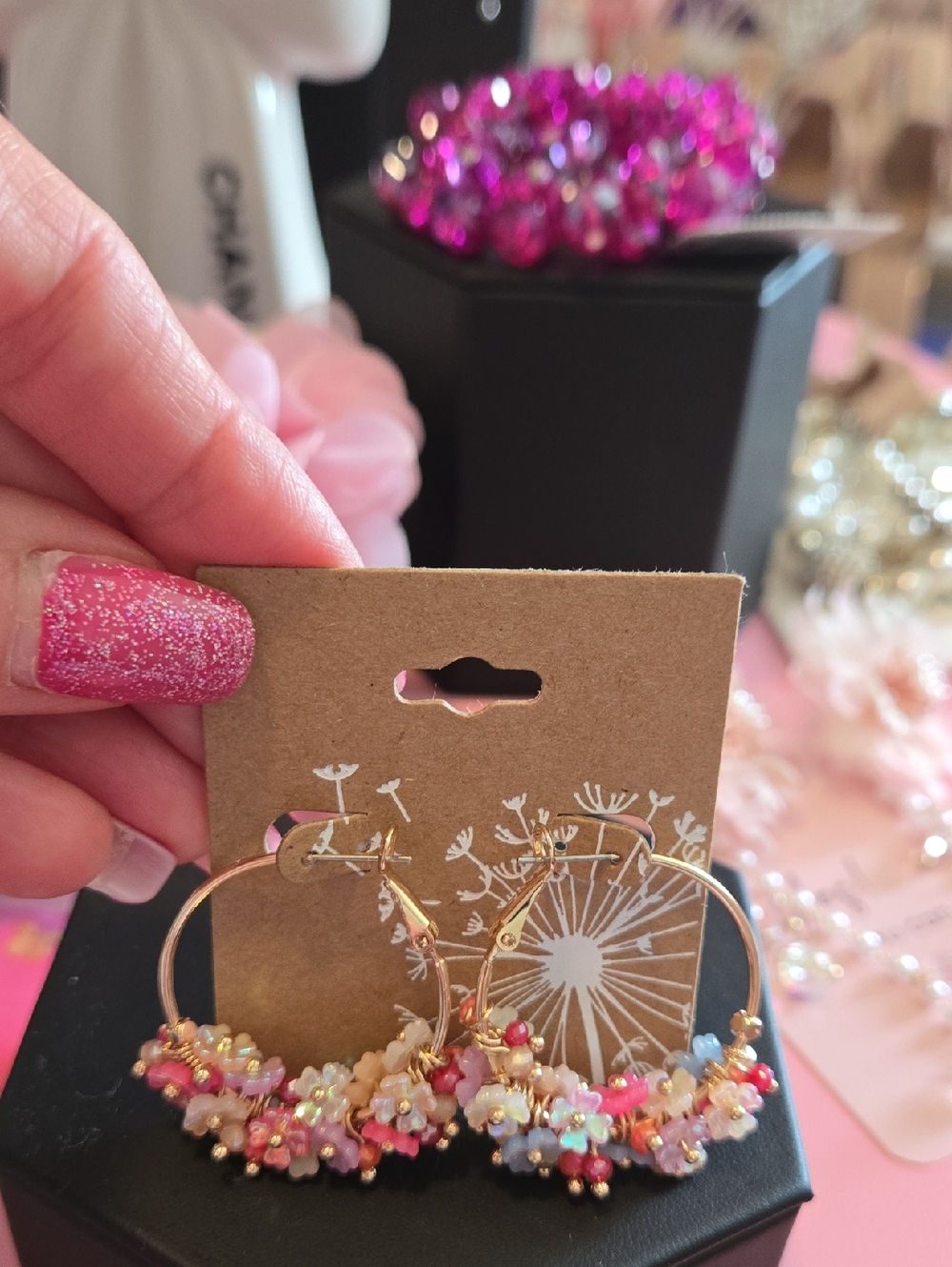 Gold Hoop Earrings with Pink, White and Light Blue Floral Beads